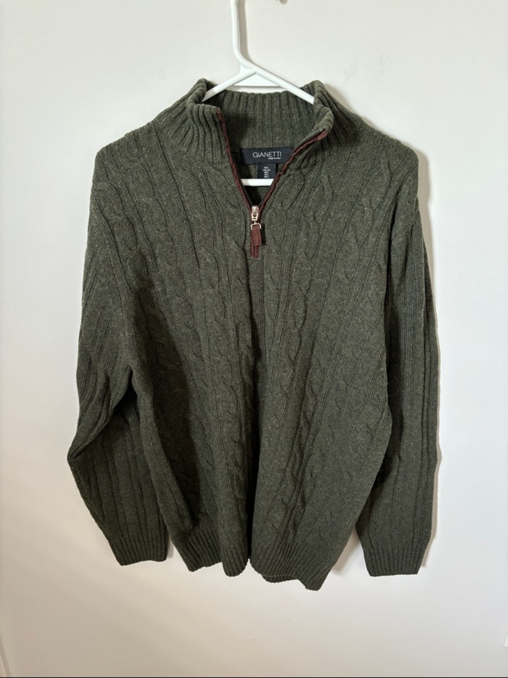 Gianetti Men’s Green Cable-Knit Quarter-Zip Wool Sweater